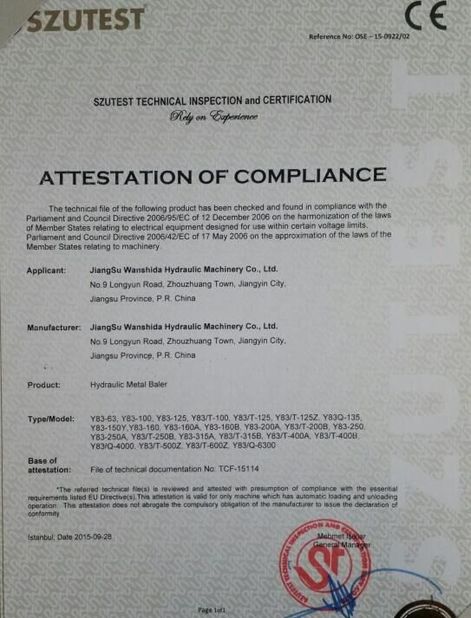 China Jiangsu Wanshida Hydraulic Machinery Co., Ltd certification